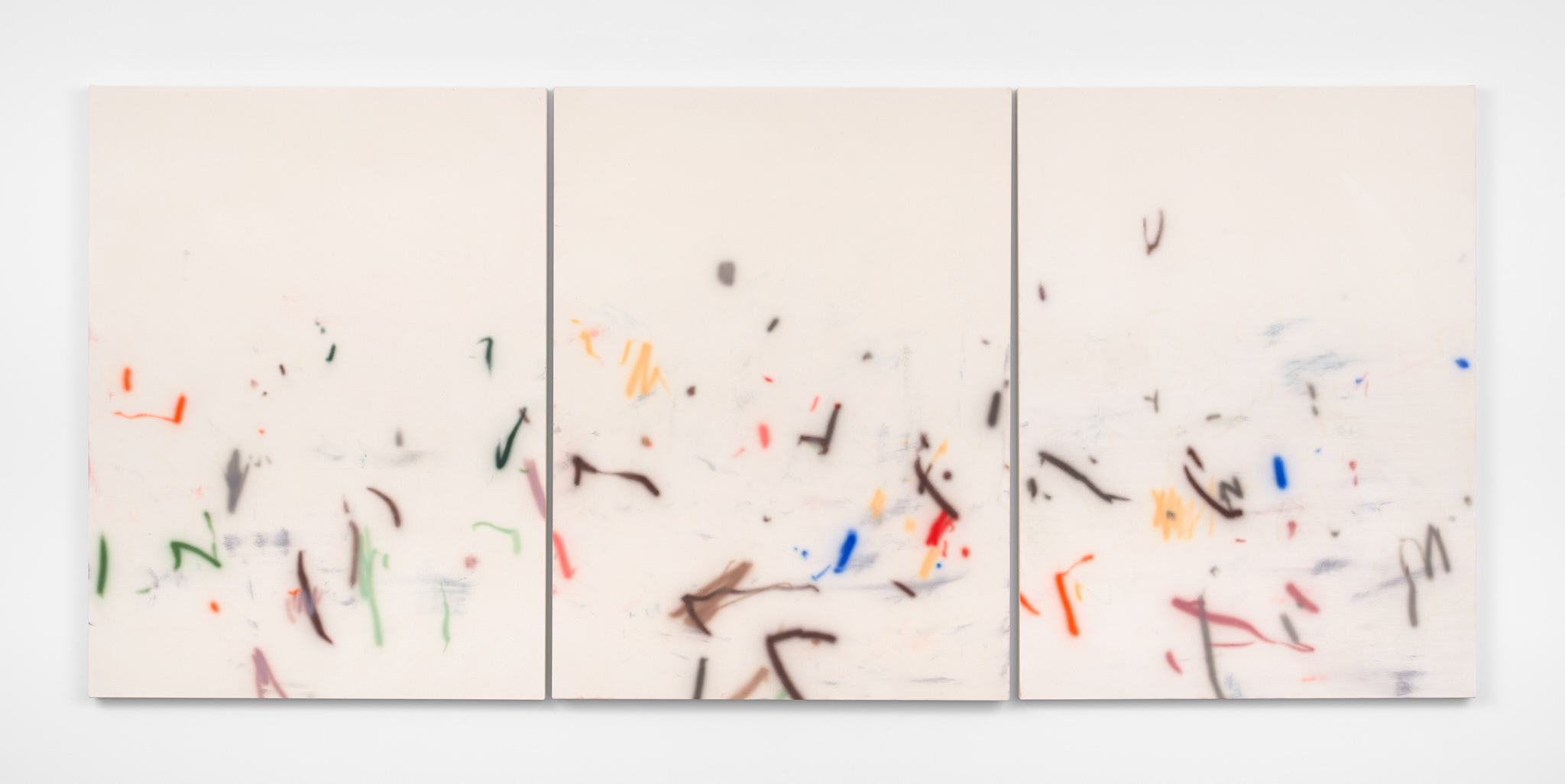 Shinto, Tame, Velocity – 2021, dispersion, chalk, charcoal, pigments and watercolour on canvas, 140x105cm each