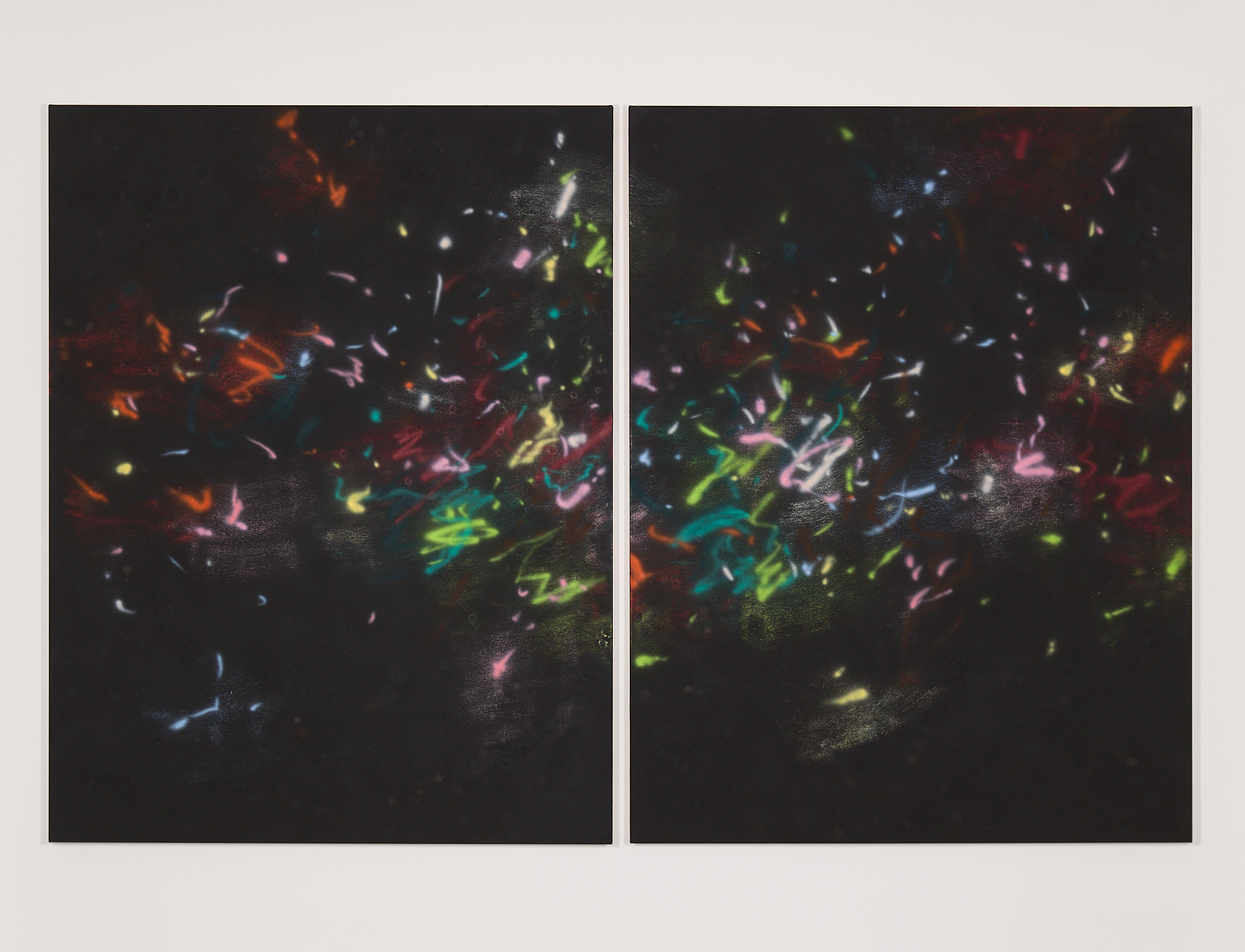 Twilight Sprinkles, Cremation Grounds 1&2, 2024, pigments, acrylic, watercolor on canvas, 170x130cm x 2